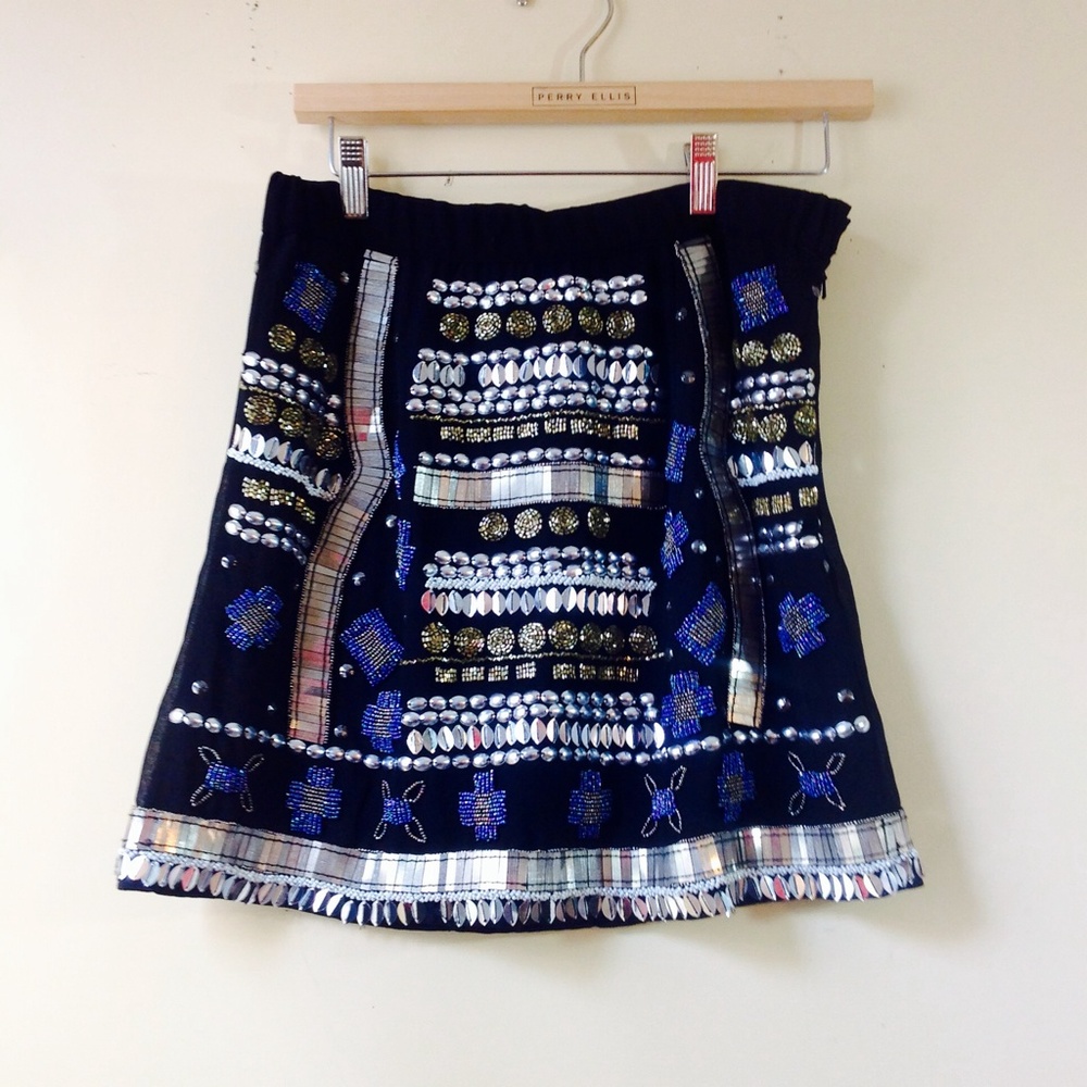 RAGA Black Blue Beaded Skirt Silver Chrome Mini